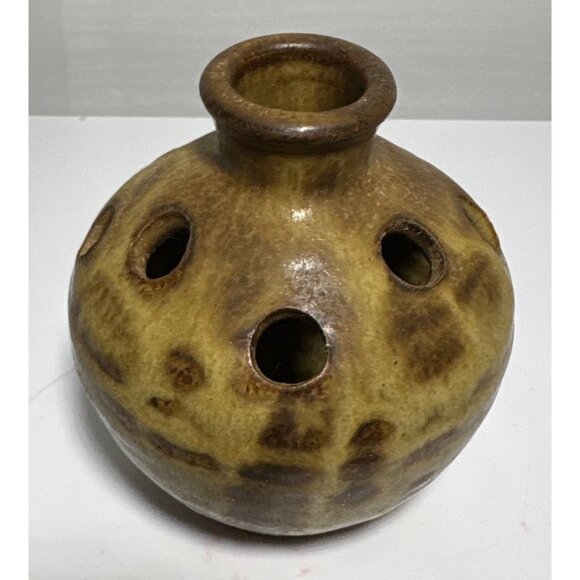 Flower Frog Studio Pottery Buchanan Anchor Pottery St Ives? Brown Yellow Signed - Picture 2 of 8